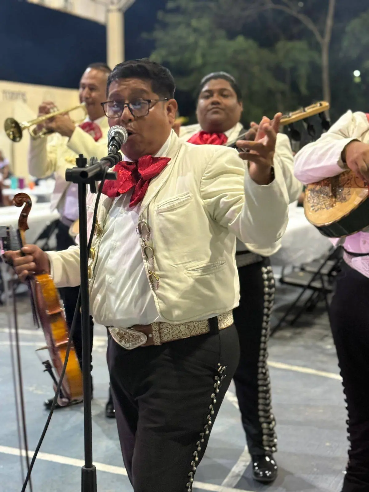Violinista de Mariachi Playense interpretando en un evento nocturno